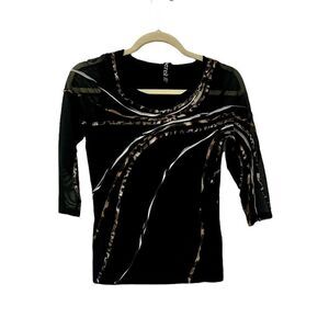 🟢Berek Black Animal & Mesh Detail 3/4 Sleeve Top Size PXS